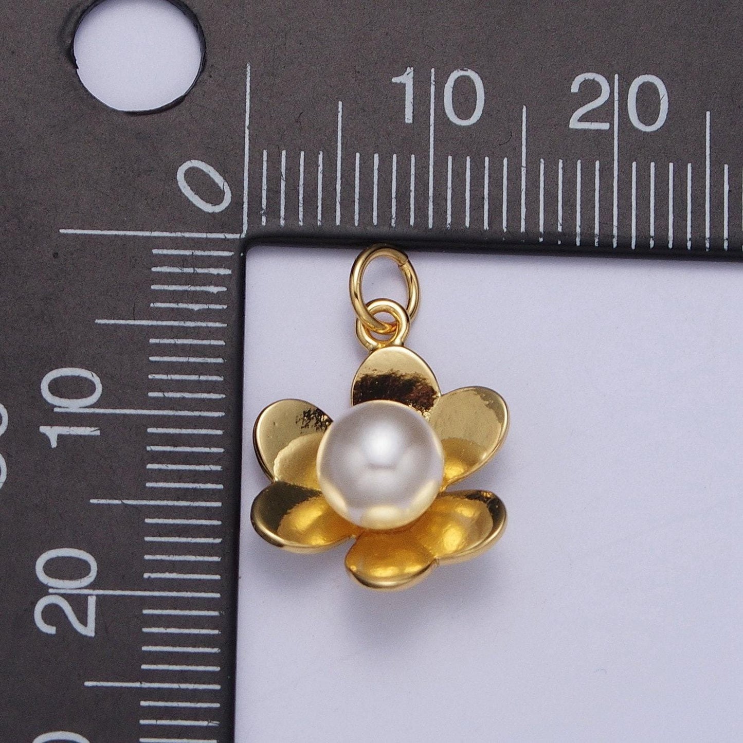 White round pearl gold thin petals blooming flower pendant, dainty 24k gold plated open white pearl florette floral charm | ag129