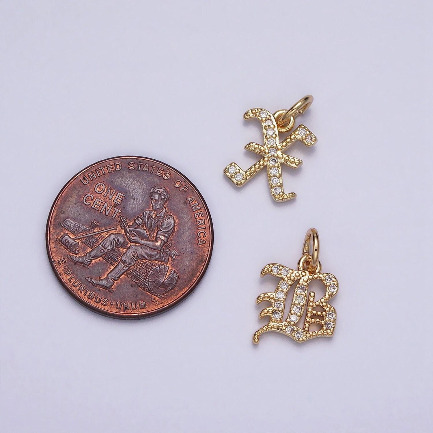 Dainty cz old english gold fill letter charms alphabet initial charms 16 k gold filled micro pave name letter