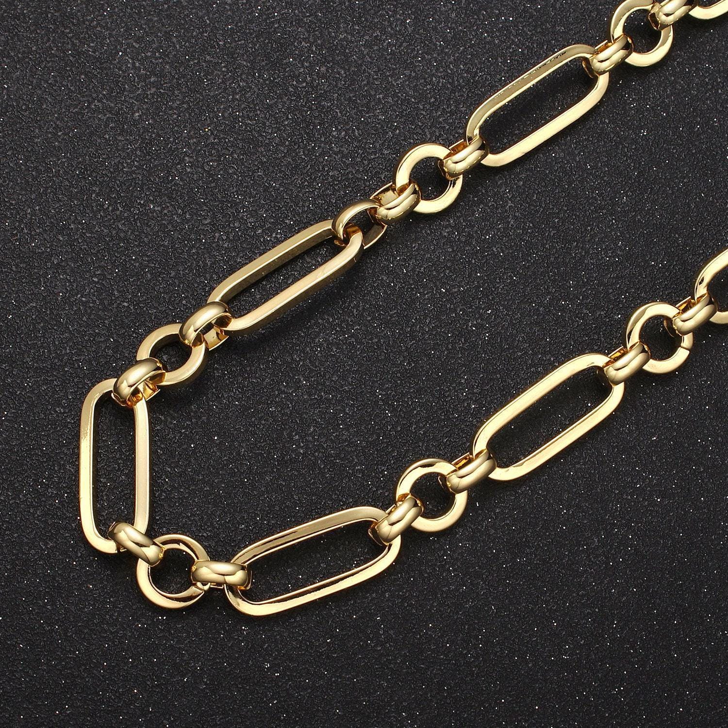24k gold filled elongated unique paperclip chain by yard, rolo cable link thick 5-7mm, wholesale bulk roll chain for jewelry making, 641