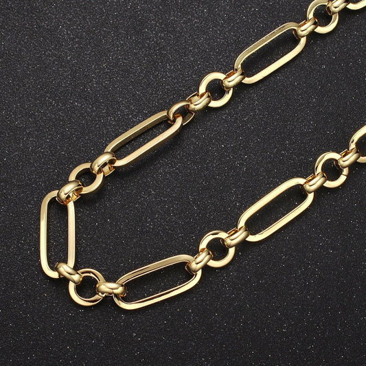 24k gold filled elongated unique paperclip chain by yard, rolo cable link thick 5-7mm, wholesale bulk roll chain for jewelry making, 641