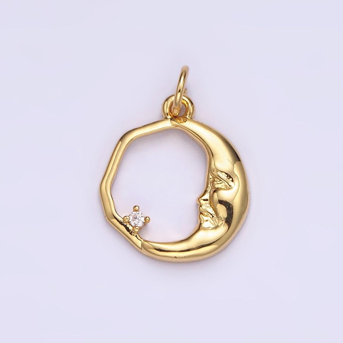 14k gold filled 15mm clear cz open crescent moon face abstract round charm in gold & silver | n1114 n1115