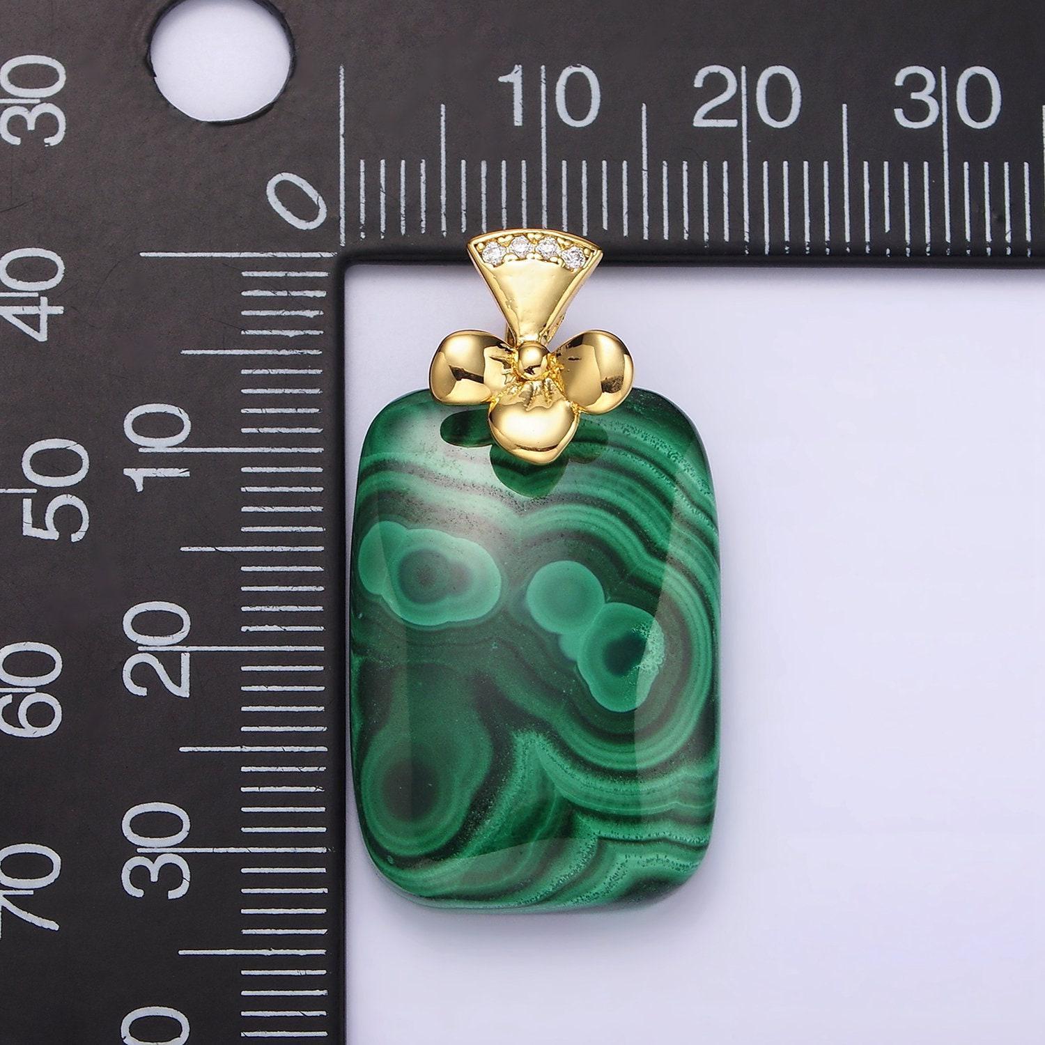 14k gold filled malachite rectangular clear micro paved cz bow bail pendant | n1300