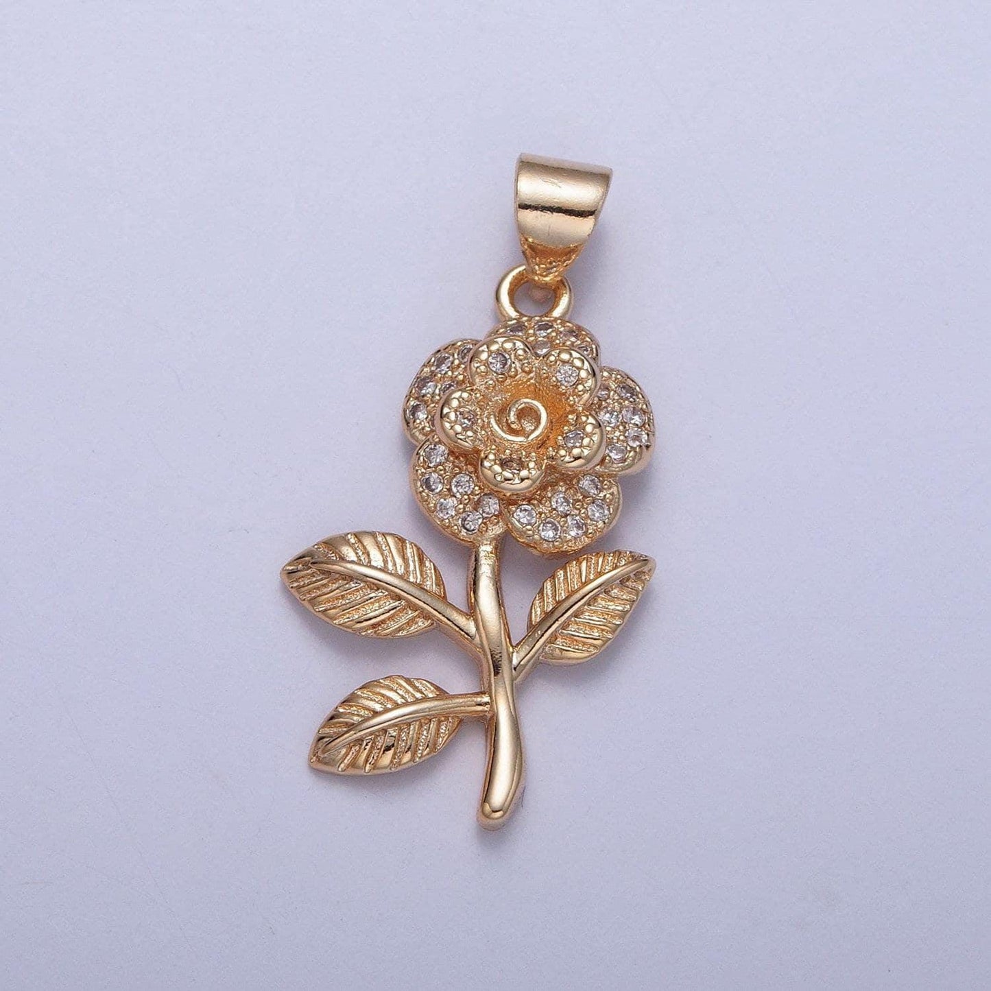16k gold filled rose pendant micro pave cz pendant, dainty stem leaves floral flower florette gold rose charm | x-395
