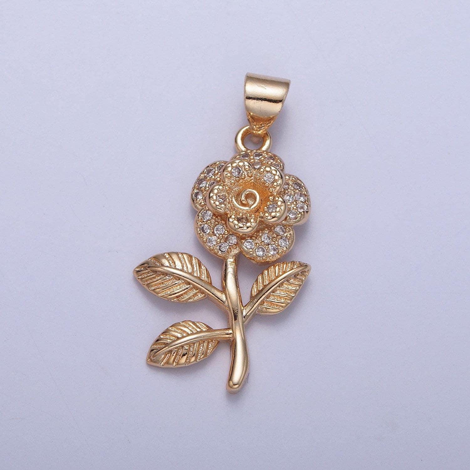 16k gold filled rose pendant micro pave cz pendant, dainty stem leaves floral flower florette gold rose charm | x-395