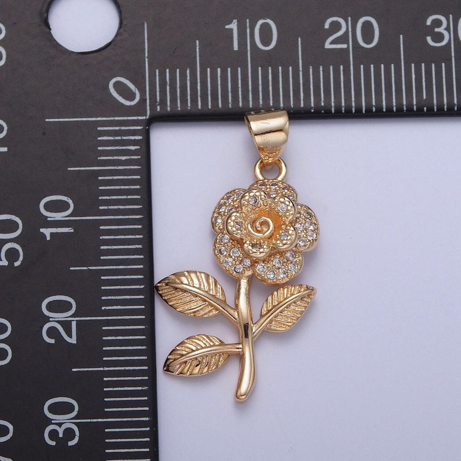 16k gold filled rose pendant micro pave cz pendant, dainty stem leaves floral flower florette gold rose charm | x-395