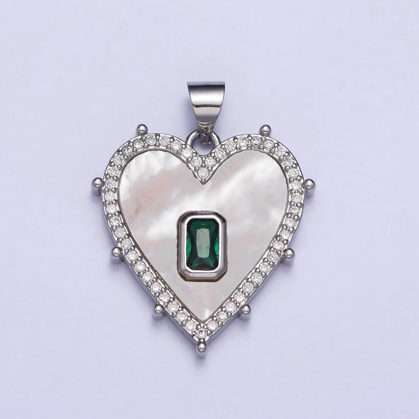 18k gold filled heart pendant silver clear, green baguette shell pearl heart micro paved dotted outline pendant | aa399 aa400, aa405, aa394