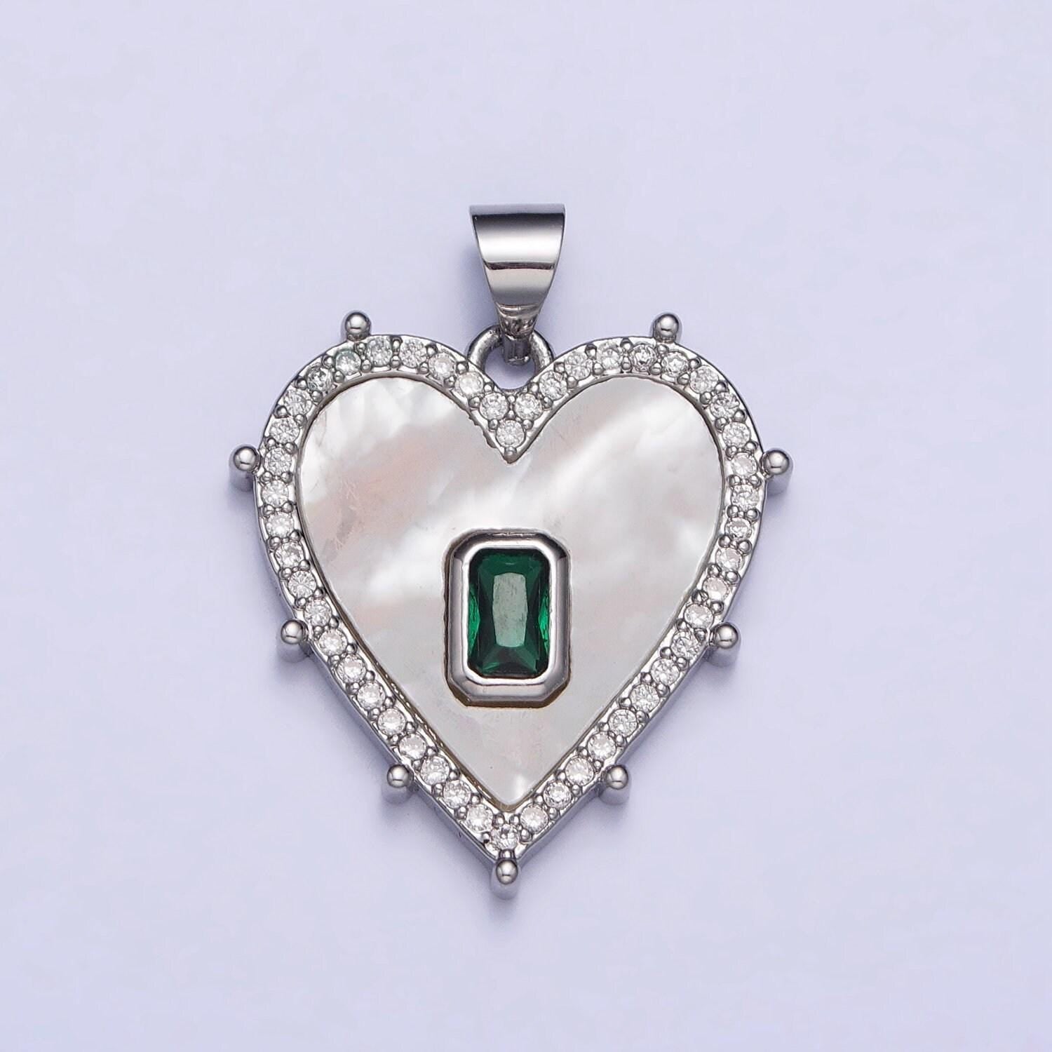 18k gold filled heart pendant silver clear, green baguette shell pearl heart micro paved dotted outline pendant | aa399 aa400, aa405, aa394
