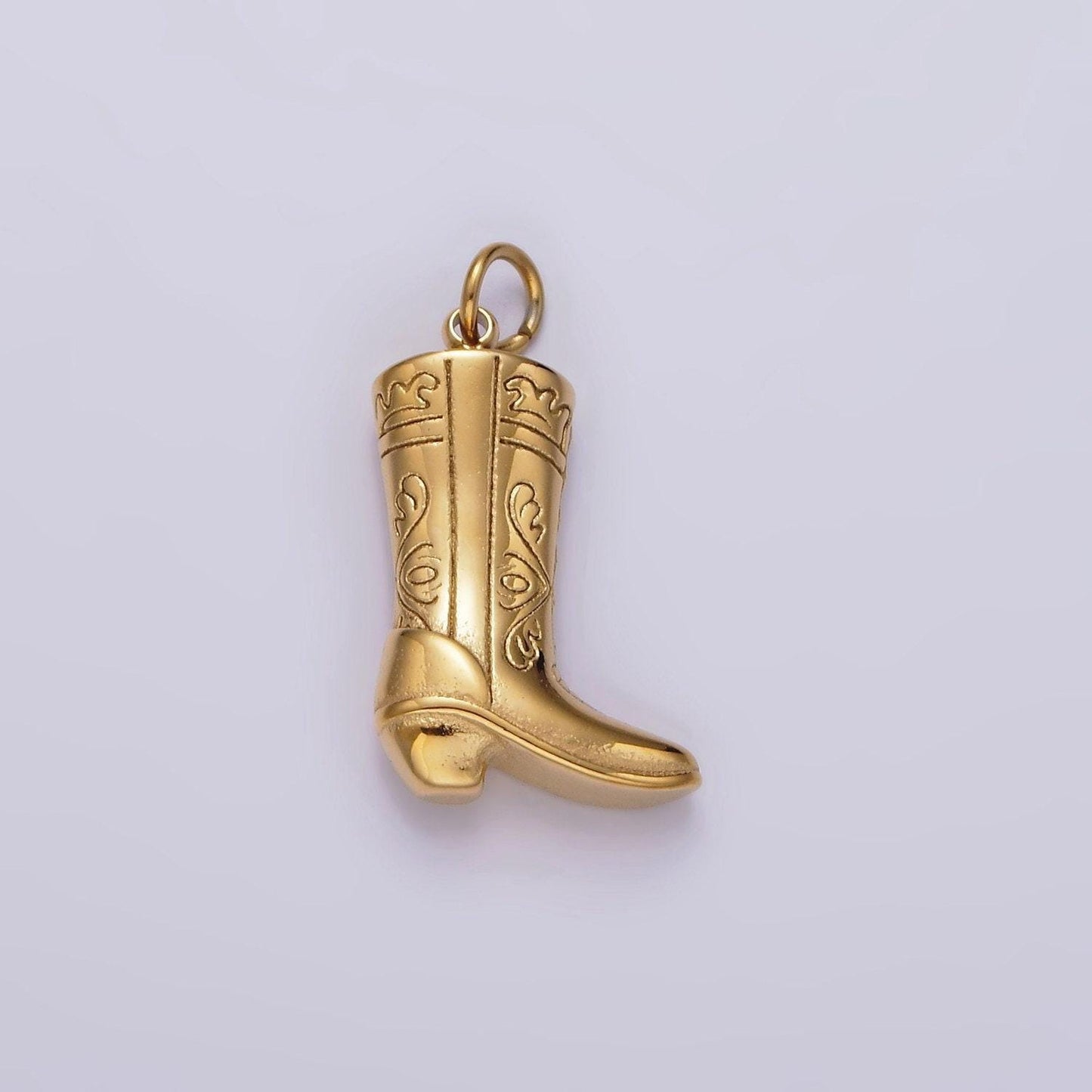 Stainless steel artisan engraved puffed cowboy boots shoes charm in gold & silver | p1273