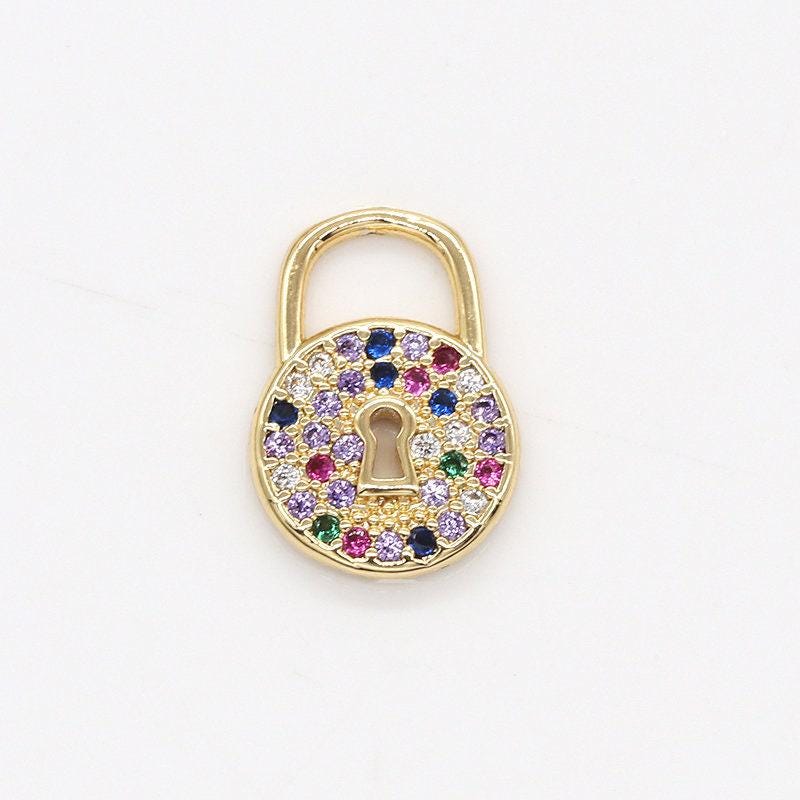 Miniround multi color cz lock charms, micro pave gold padlock charms, circle lock pendant, padlock necklace bracelet earring charm, 794