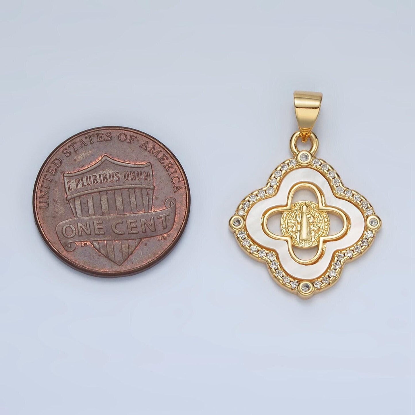 Dainty mother of pearl clover charm with saint benedict pendant for religious bracelet necklace jewelry making san benito pendant i135