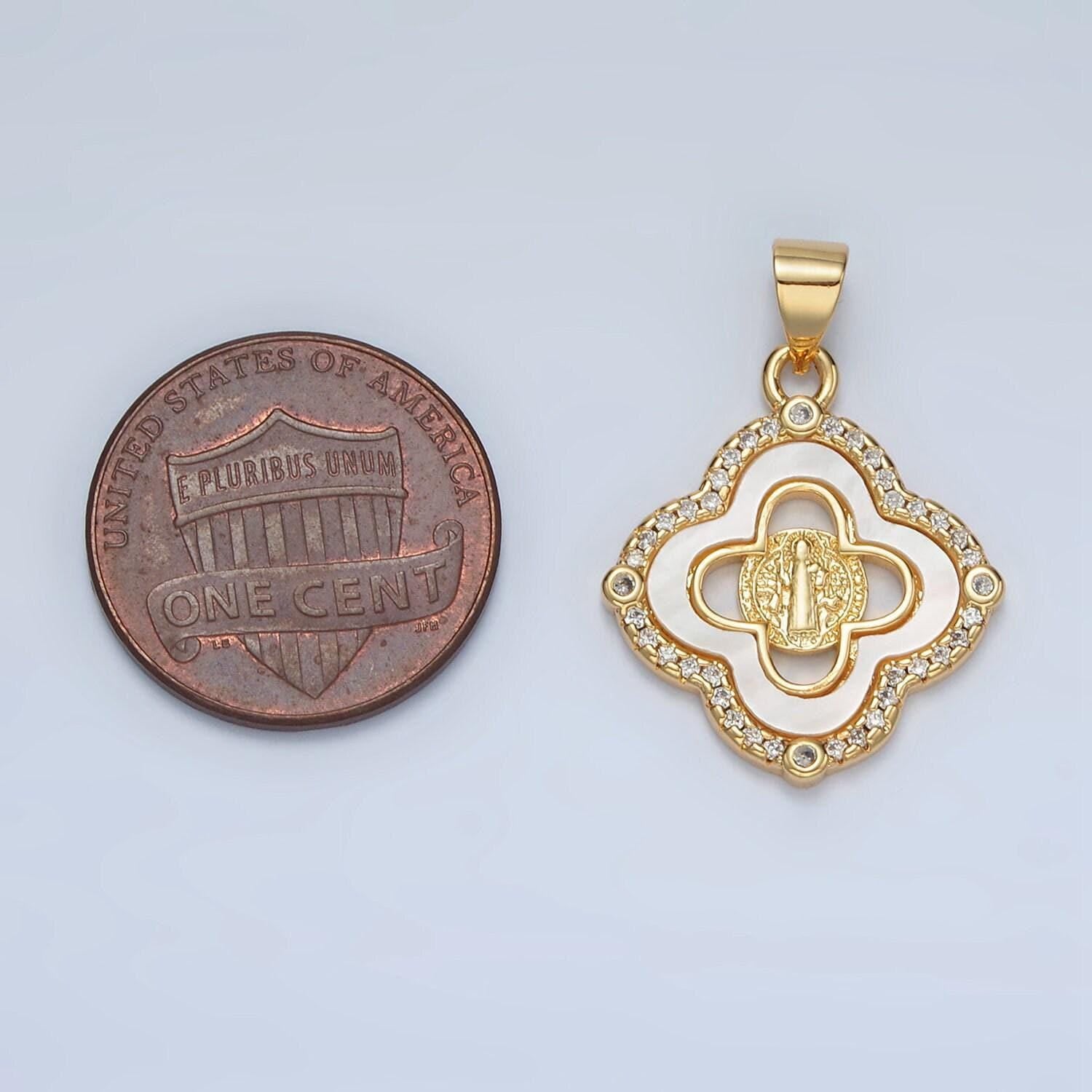 Dainty mother of pearl clover charm with saint benedict pendant for religious bracelet necklace jewelry making san benito pendant i135