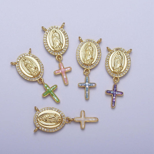 Dainty virgin mary centerpiece y connector rosary charm with cross religious gold filled charm link connector for necklace