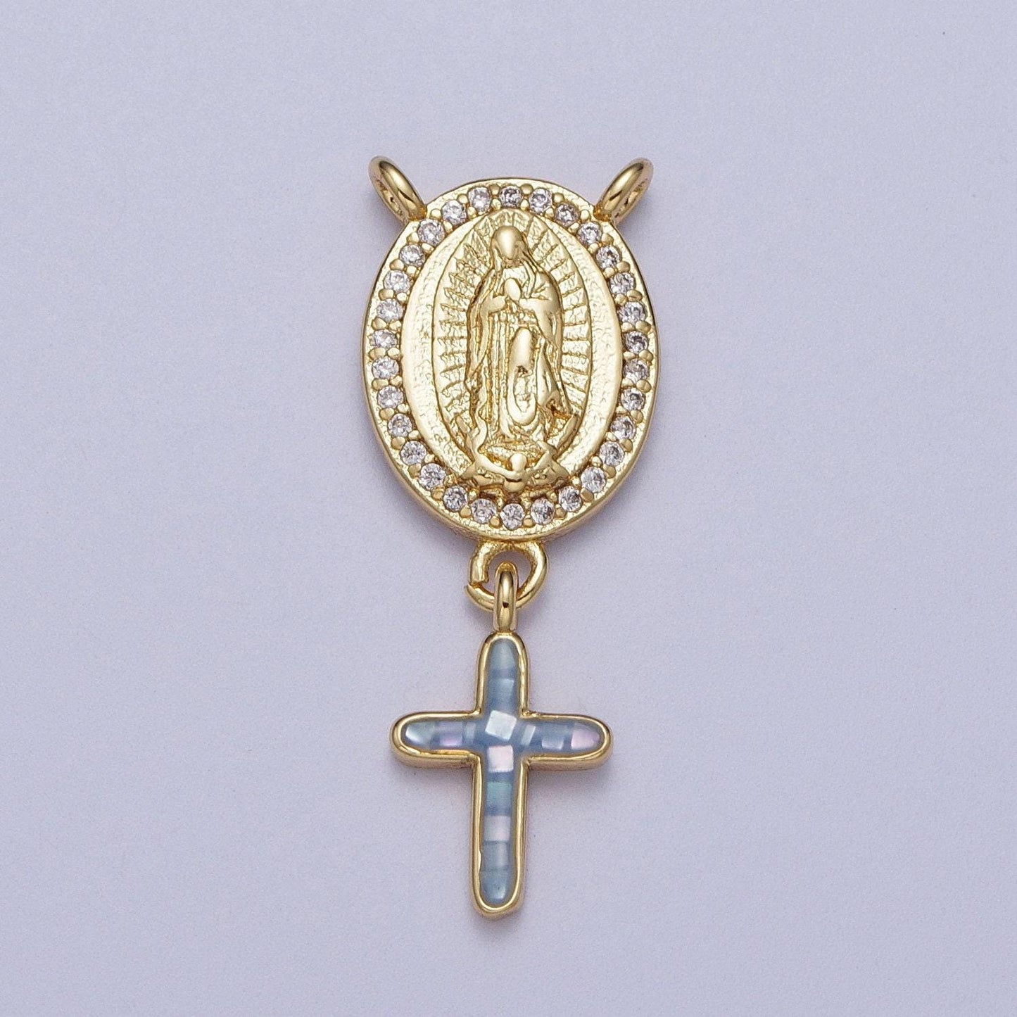 Dainty virgin mary centerpiece y connector rosary charm with cross religious gold filled charm link connector for necklace