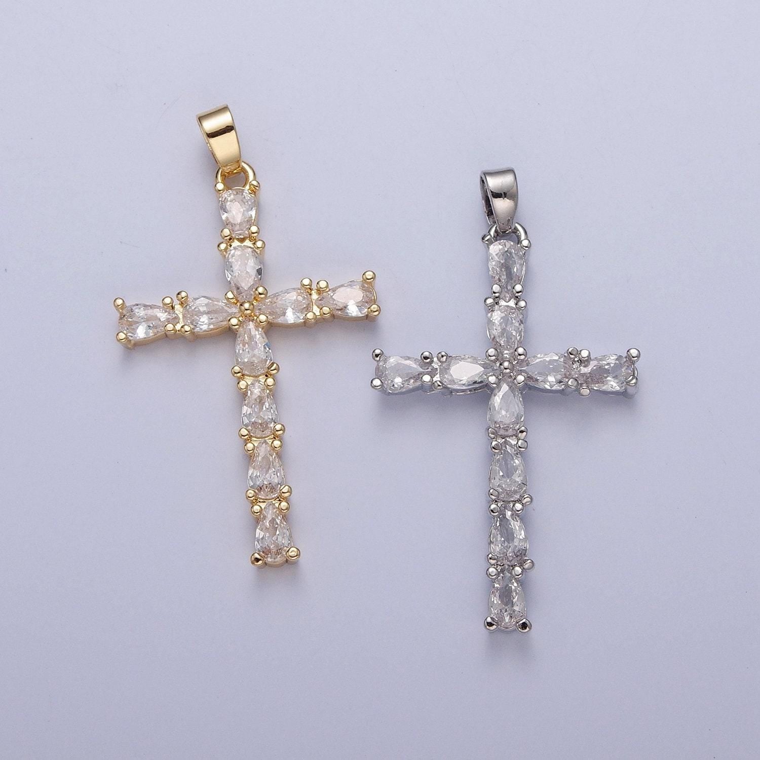 Tear drop cross pendant, cz cross charm for religious jewelry silver cross pendant for minimalist jewelry