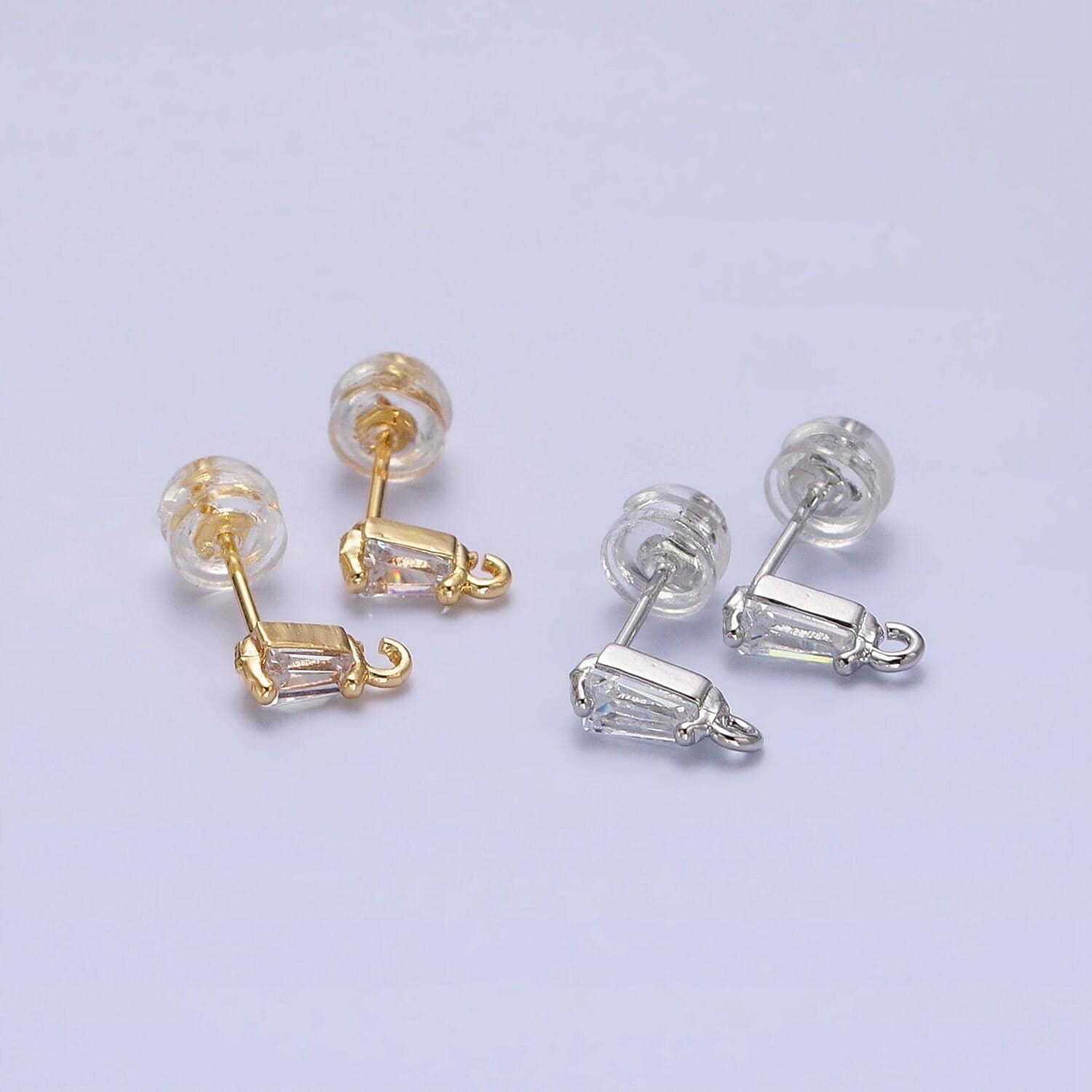 Mini baguette cut cz diamond stud earring gold earring post with open link for earring supply z180 z181