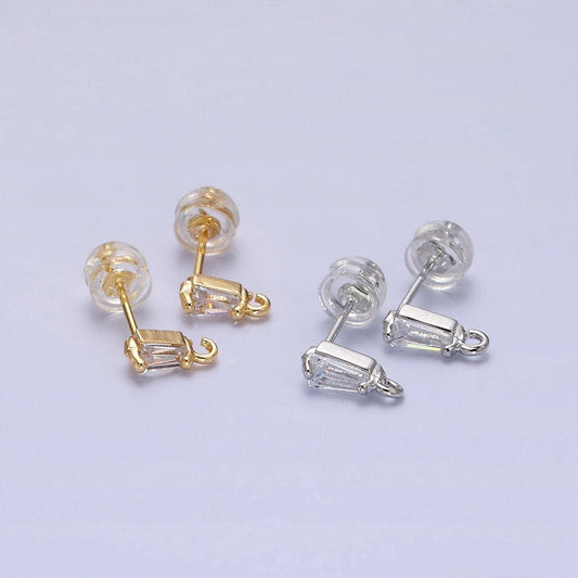 Mini baguette cut cz diamond stud earring gold earring post with open link for earring supply z180 z181