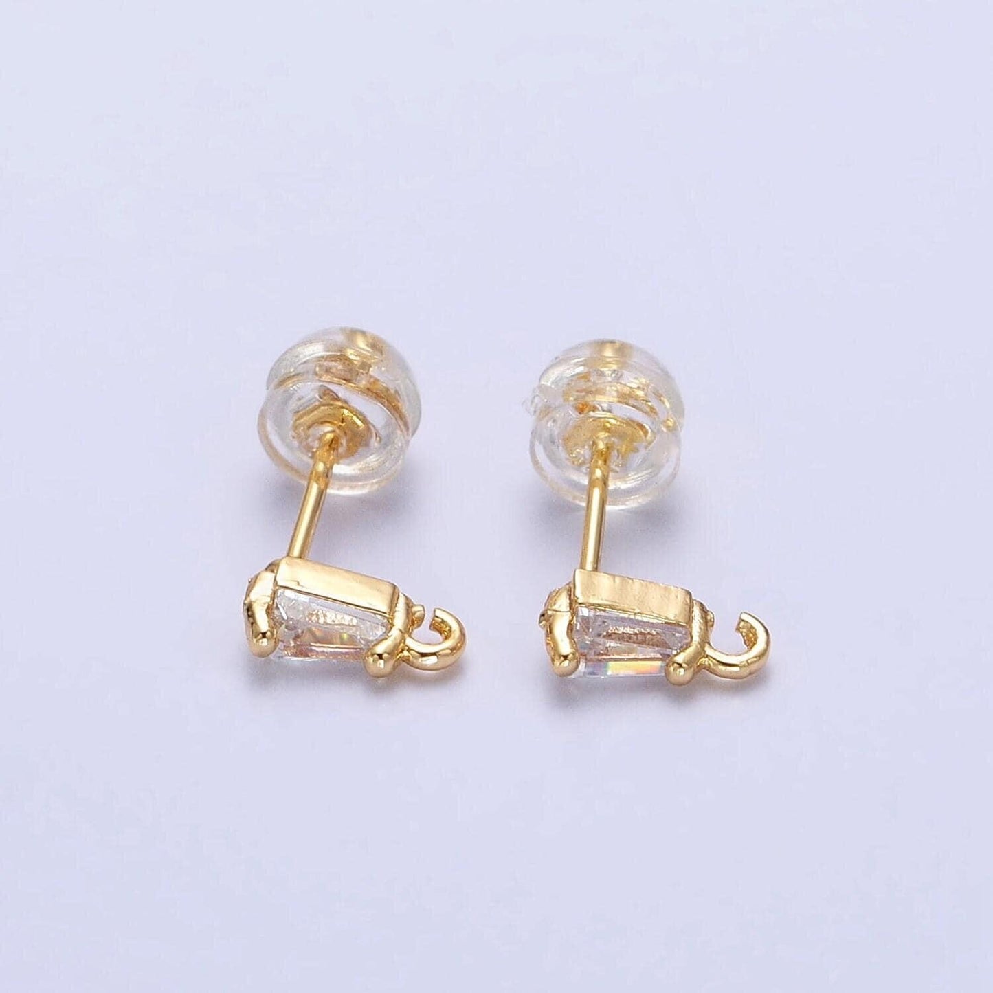 Mini baguette cut cz diamond stud earring gold earring post with open link for earring supply z180 z181