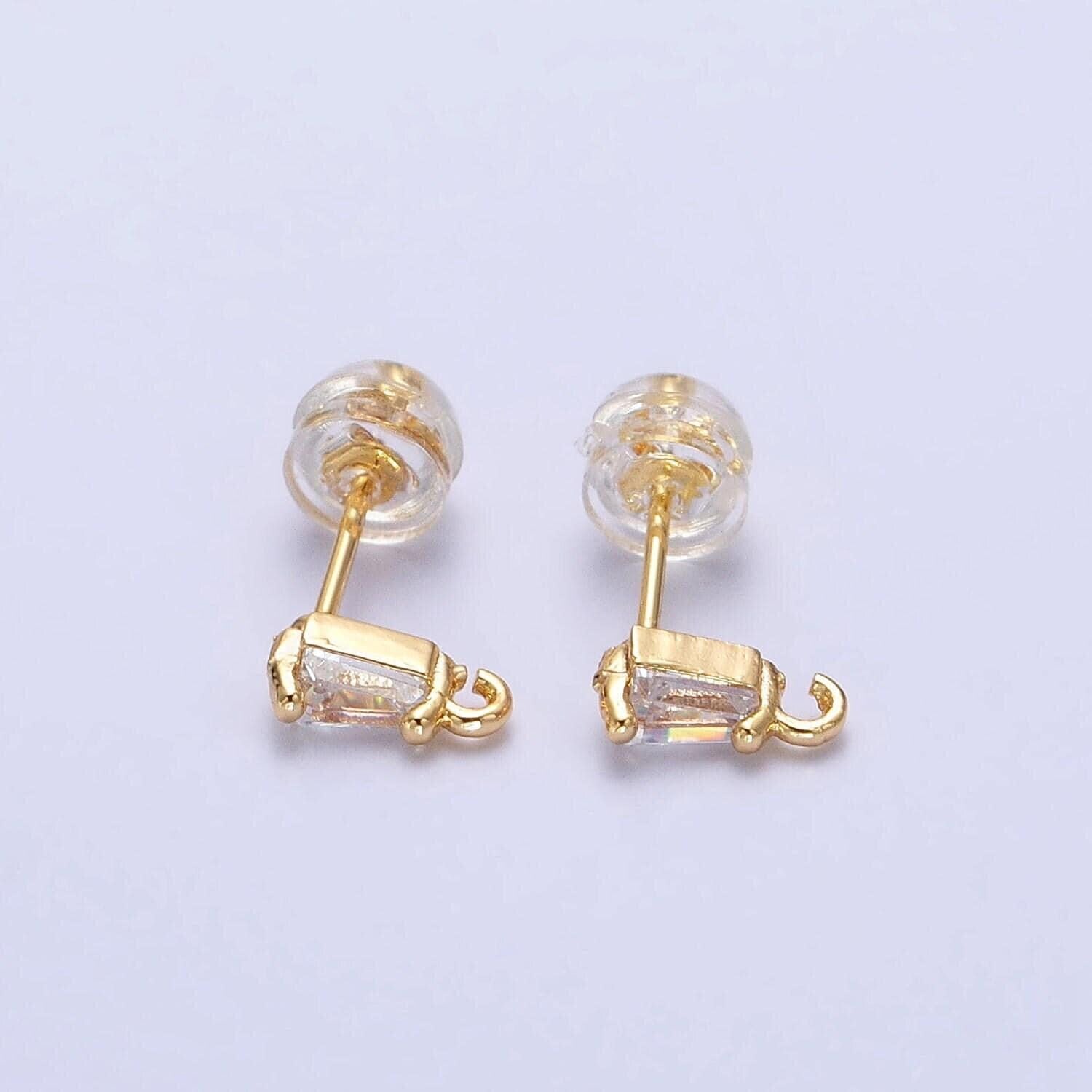 Mini baguette cut cz diamond stud earring gold earring post with open link for earring supply z180 z181
