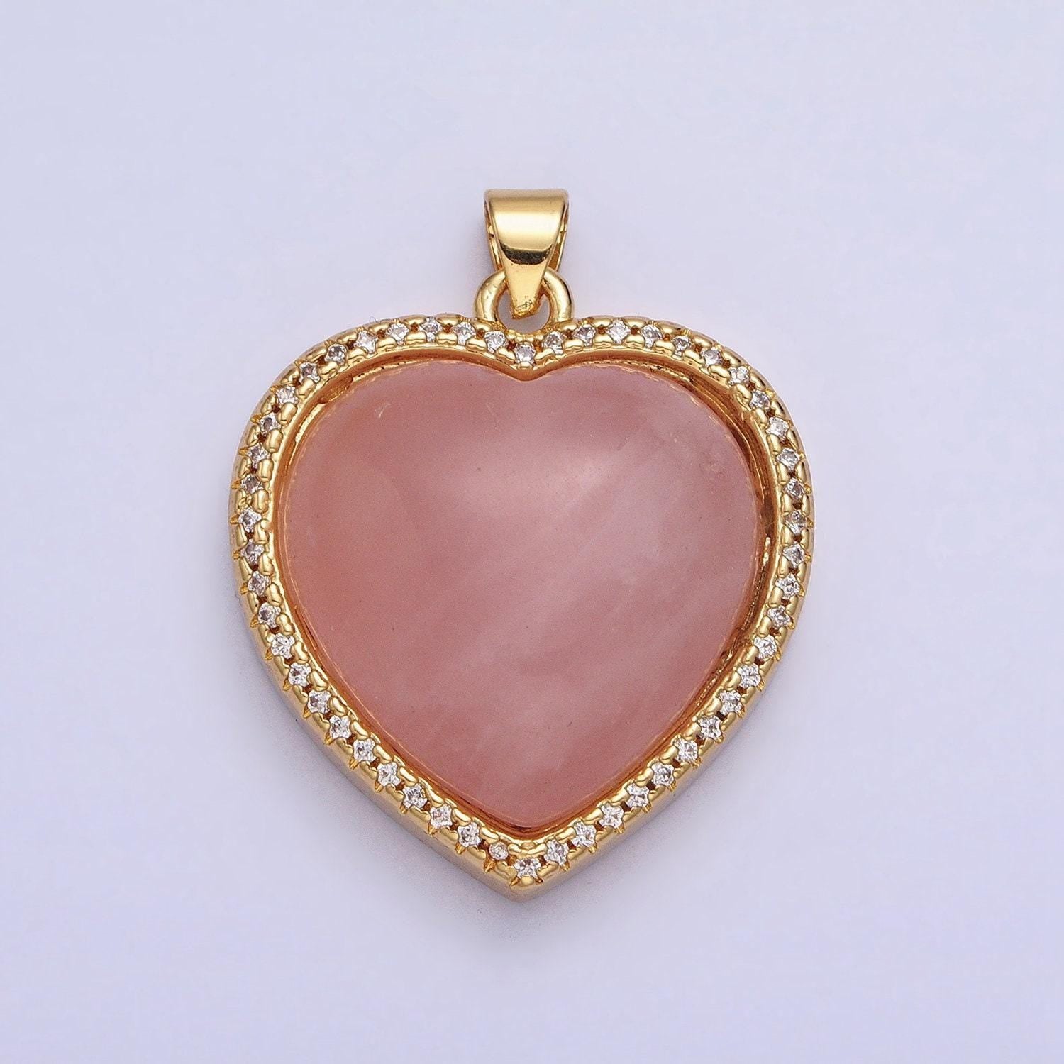 24k gold filled heart rose quartz charm natural gemstone micro paved pendant | aa279 aa276 aa278