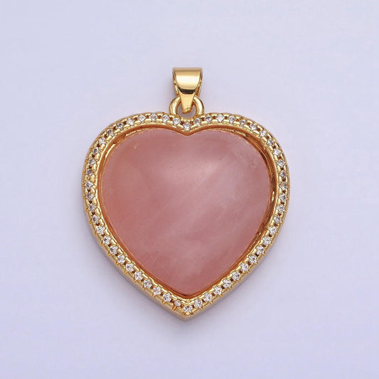 24k gold filled heart rose quartz charm natural gemstone micro paved pendant | aa279 aa276 aa278