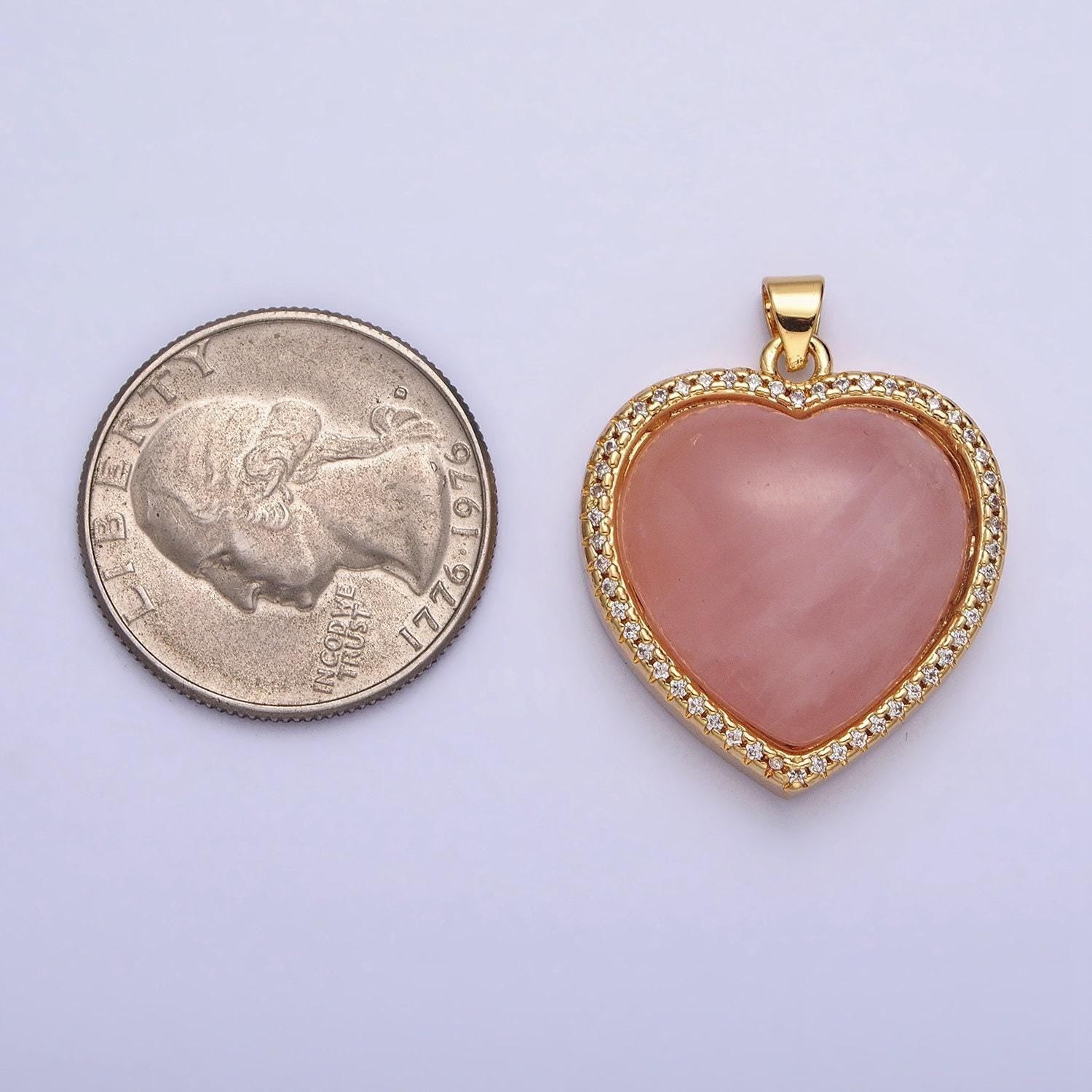 24k gold filled heart rose quartz charm natural gemstone micro paved pendant | aa279 aa276 aa278