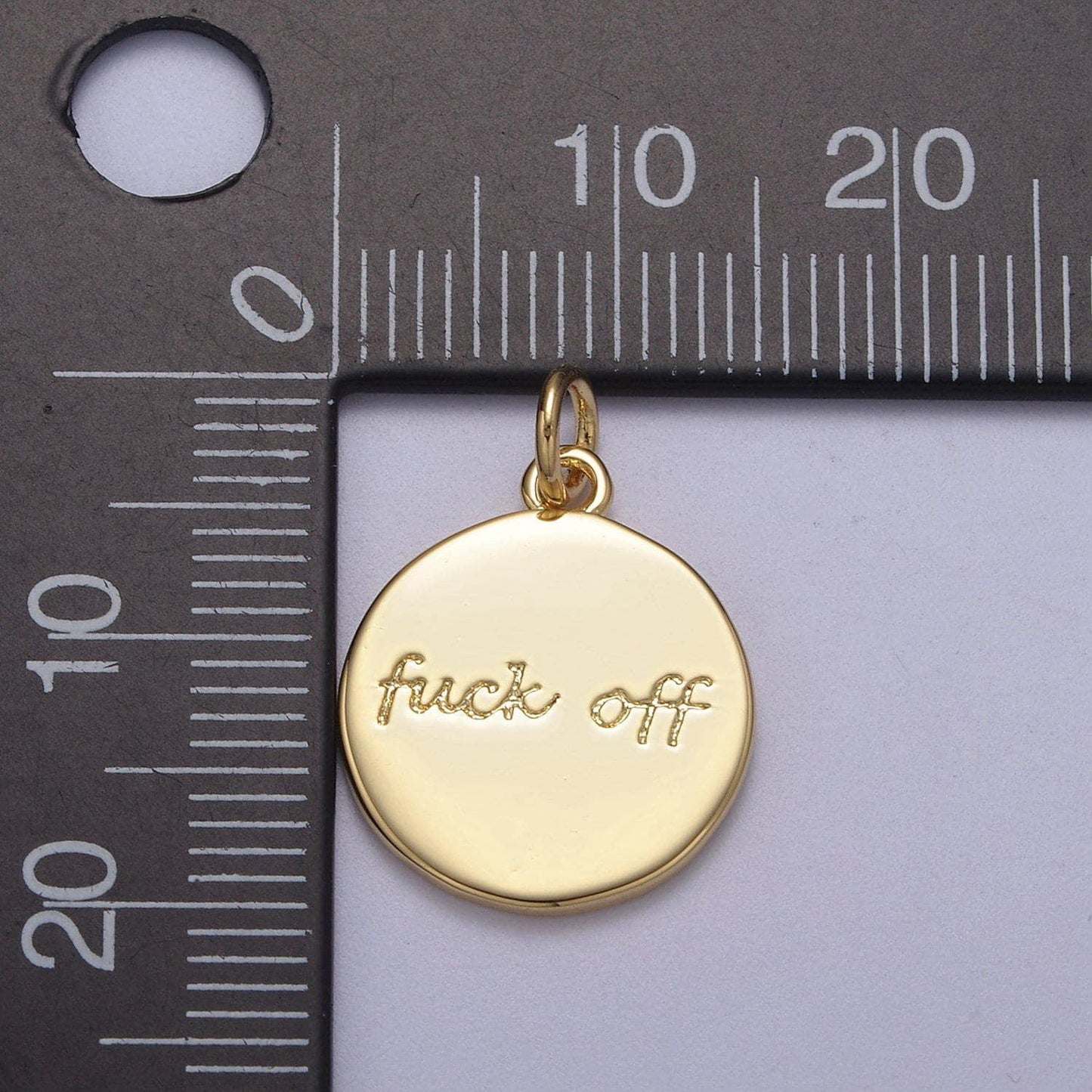 Dainty gold filled fuck off charm for necklace bracelet round coin disc fuckoff word cursive jewelry swear word trend jewelry n-636
