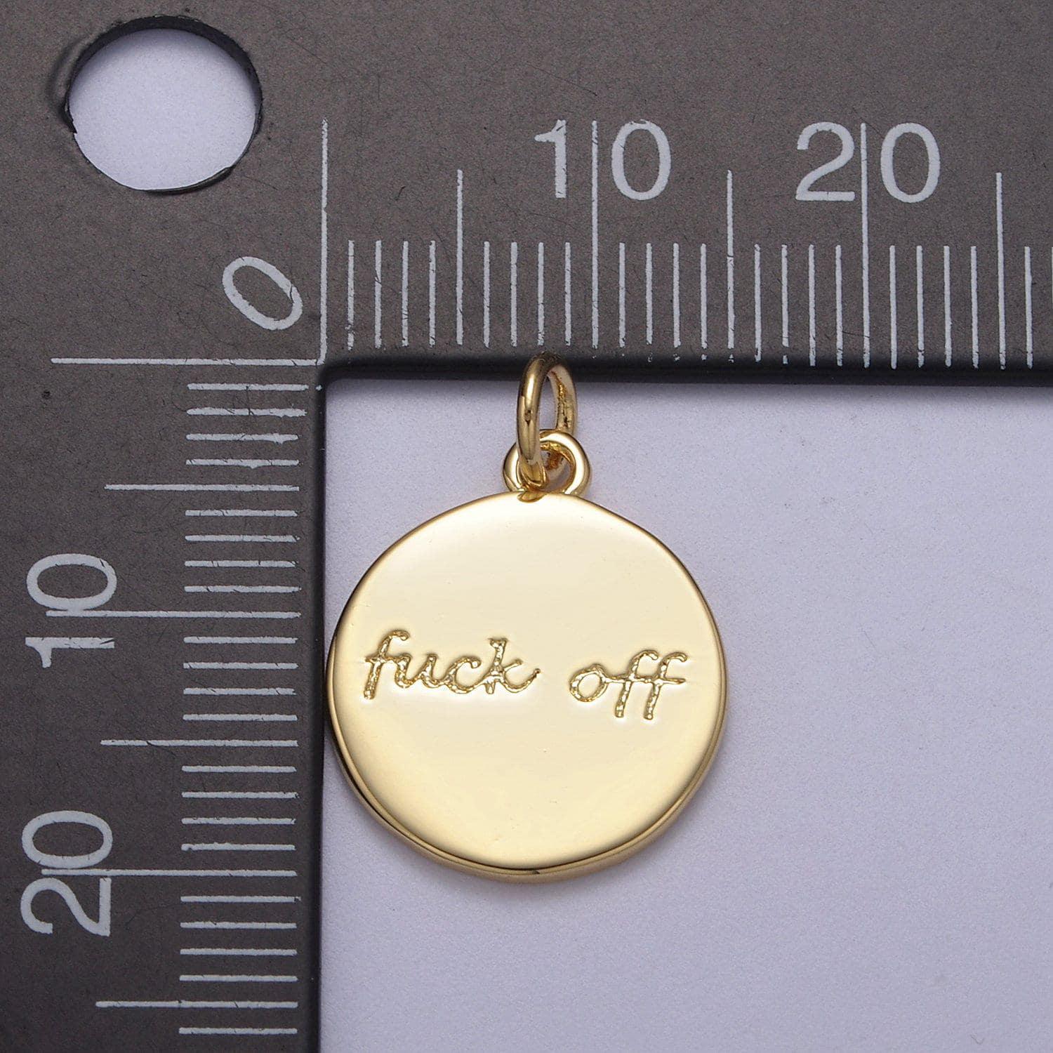 Dainty gold filled fuck off charm for necklace bracelet round coin disc fuckoff word cursive jewelry swear word trend jewelry n-636