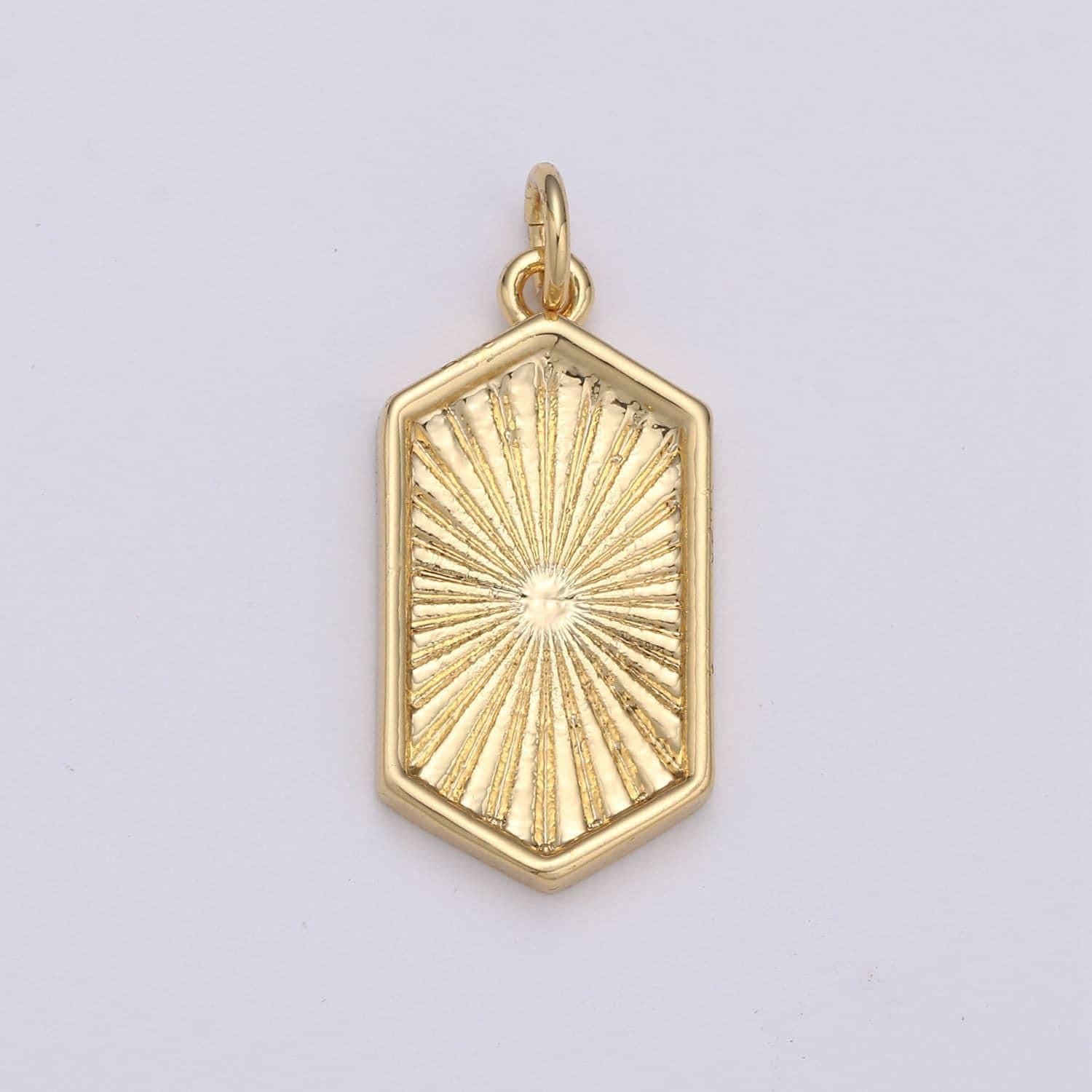 Gold hexagon pendant gold sunburst charm necklace boho chic gold geometric necklace minimalist style gold medallion charm d529