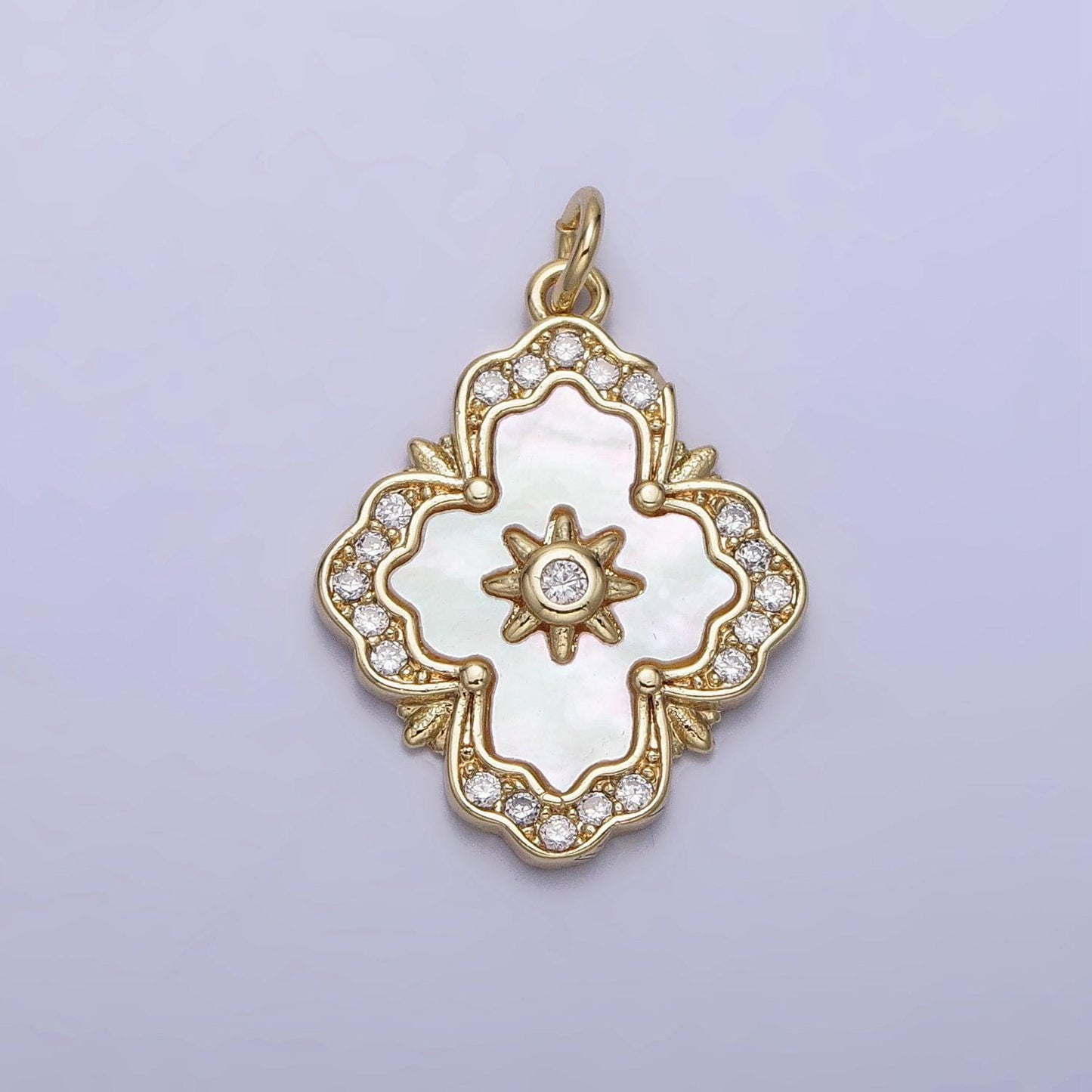 Gold flower white shell pearl antique artisan quatrefoil charm pendant charm for handmade jewelry supply necklace bracelet ac1054