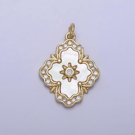 Gold flower white shell pearl antique artisan quatrefoil charm pendant charm for handmade jewelry supply necklace bracelet ac1054