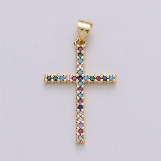 24k gold filled dainty cross pendant with turquoise and micro pave multi color rainbow cubic zirconia cz stone for necklace / earrings i-585