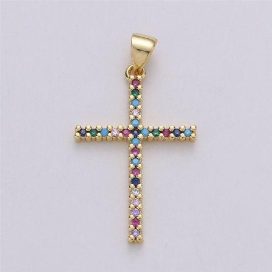 24k gold filled dainty cross pendant with turquoise and micro pave multi color rainbow cubic zirconia cz stone for necklace / earrings i-585