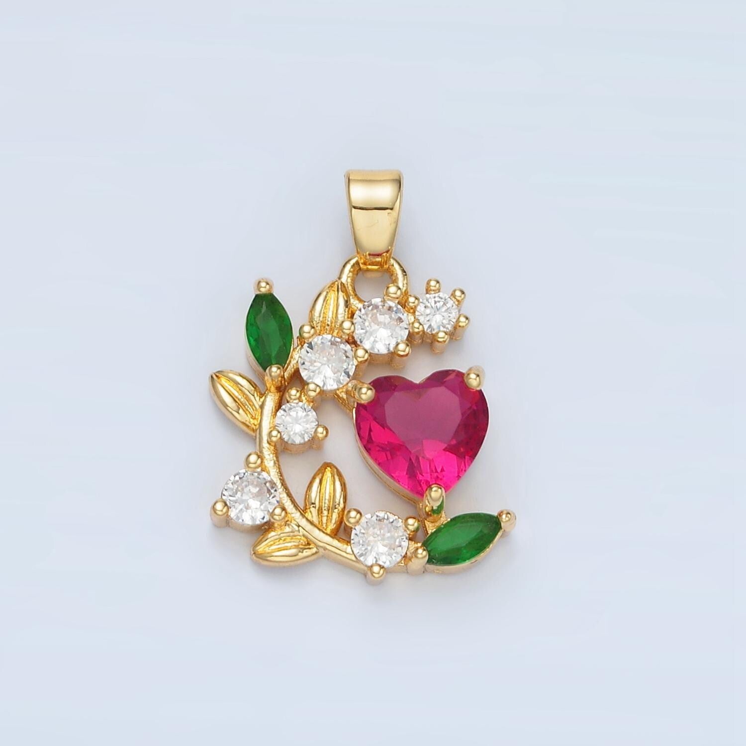 Olive curved branch cz paved fuchsia cz heart, 24k gold filled pendant | aa-879