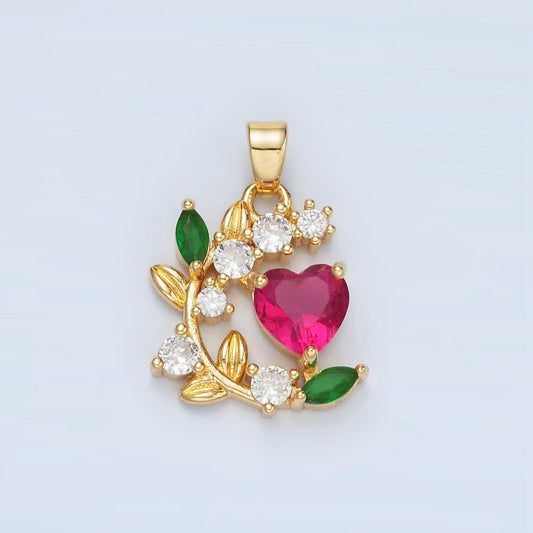 Olive curved branch cz paved fuchsia cz heart, 24k gold filled pendant | aa-879