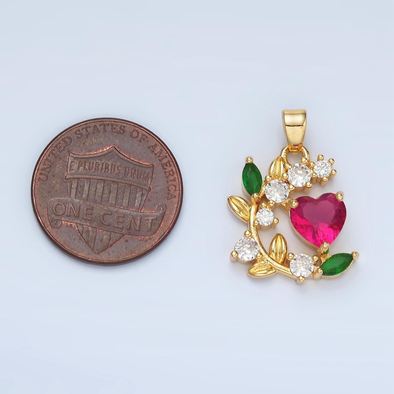 Olive curved branch cz paved fuchsia cz heart, 24k gold filled pendant | aa-879