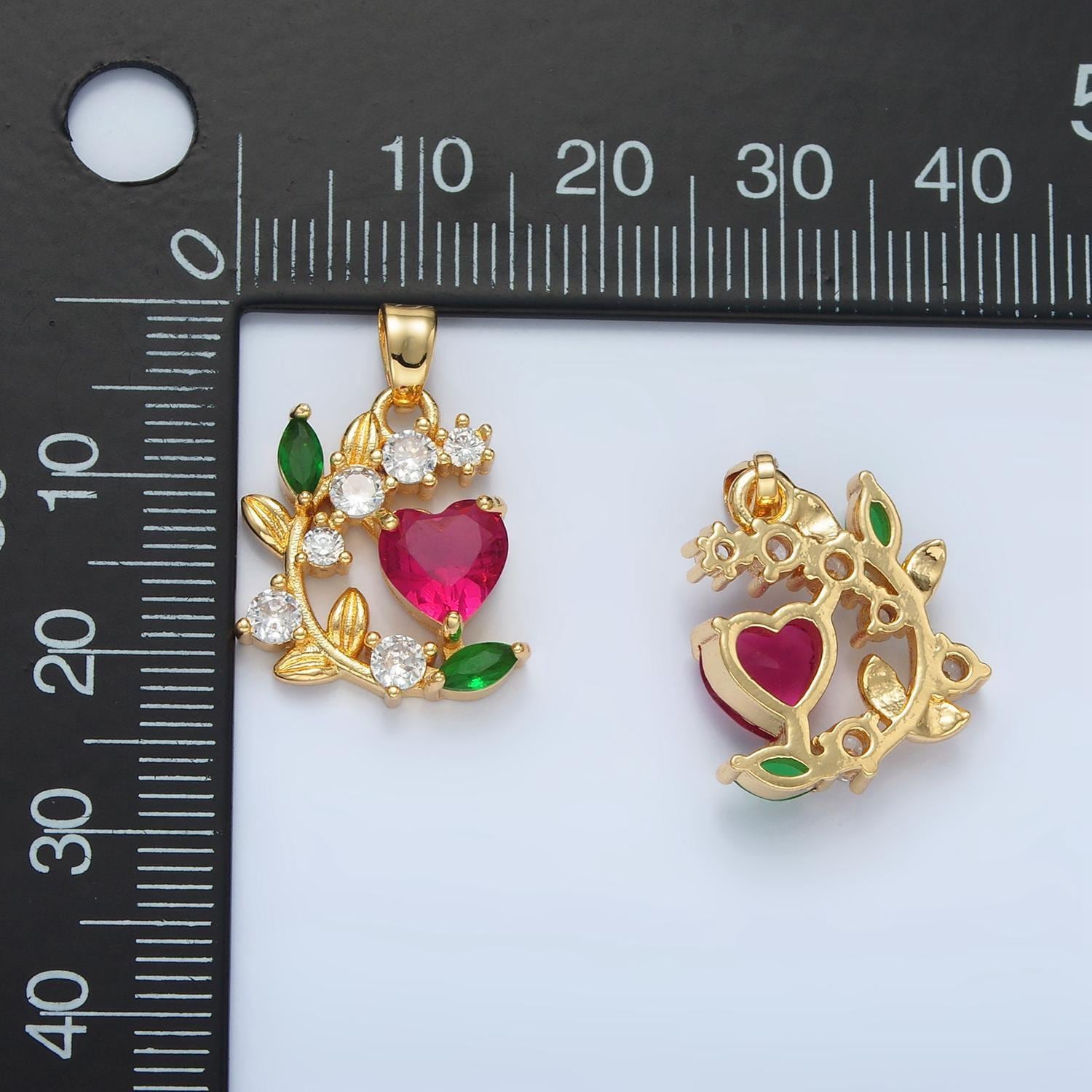 Olive curved branch cz paved fuchsia cz heart, 24k gold filled pendant | aa-879