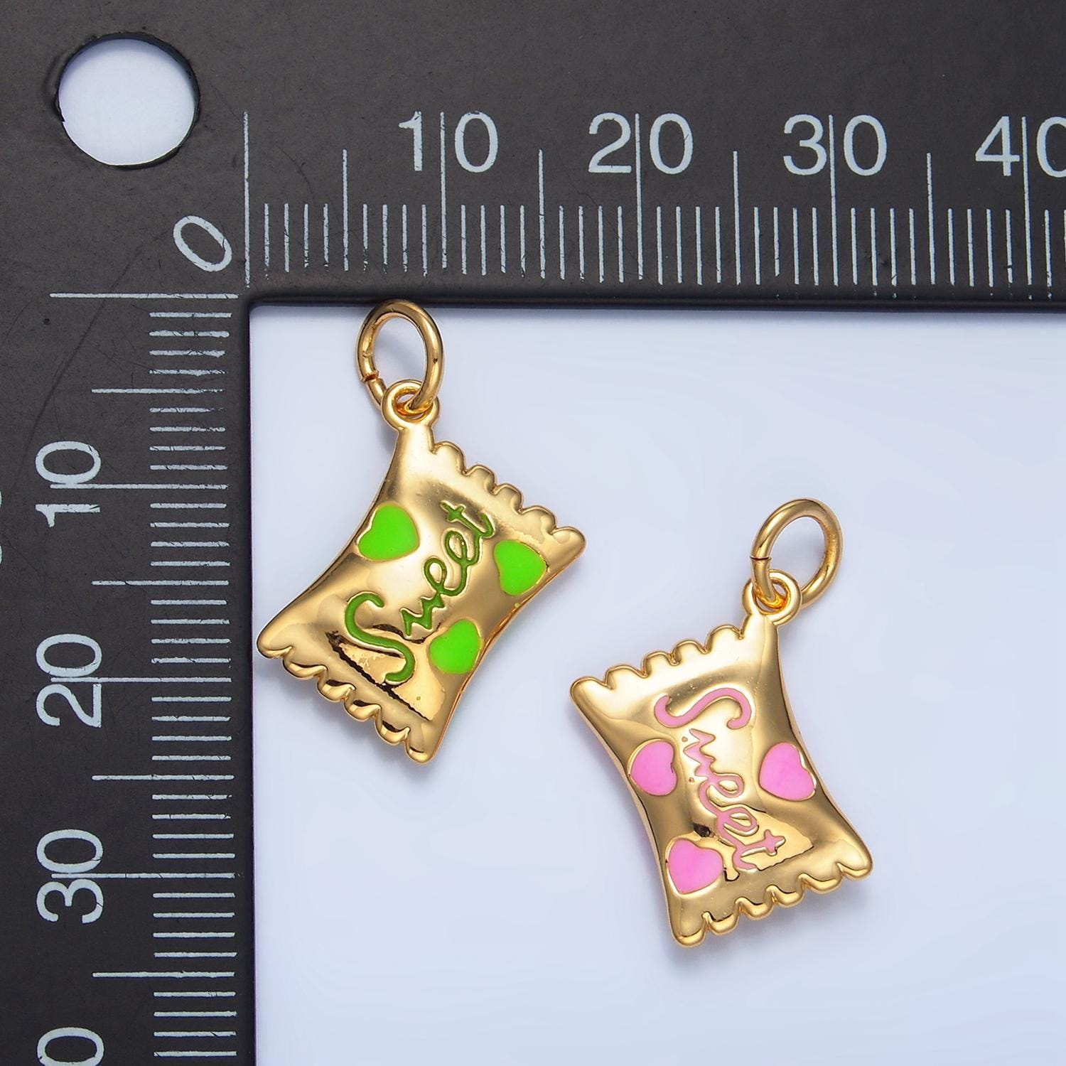 14k gold filled heart candy sweet script enamel wrapper puffed add-on charm food snack jewelry inspired | x823