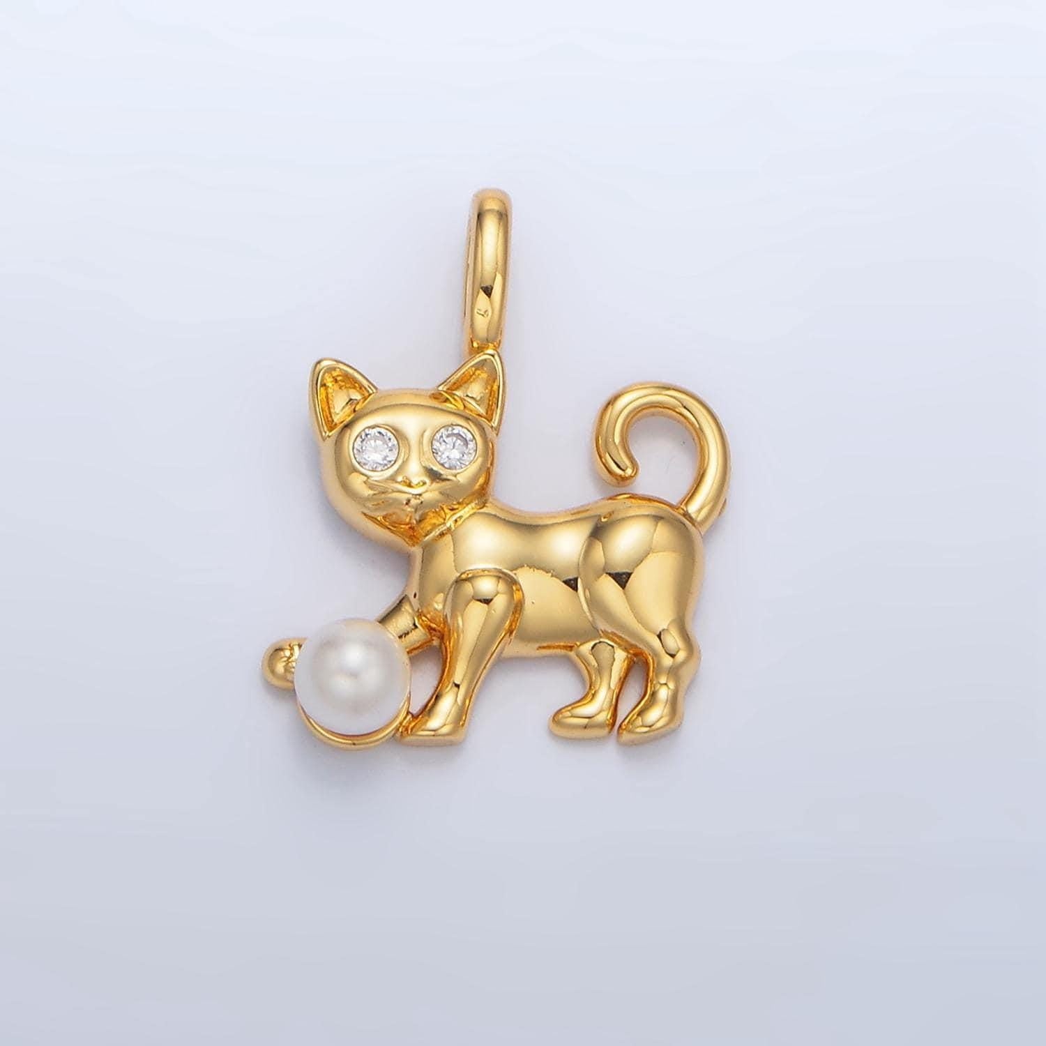 Cz kitten playing w/ pearl ball, 24k gold filled animal pendant | aa-941