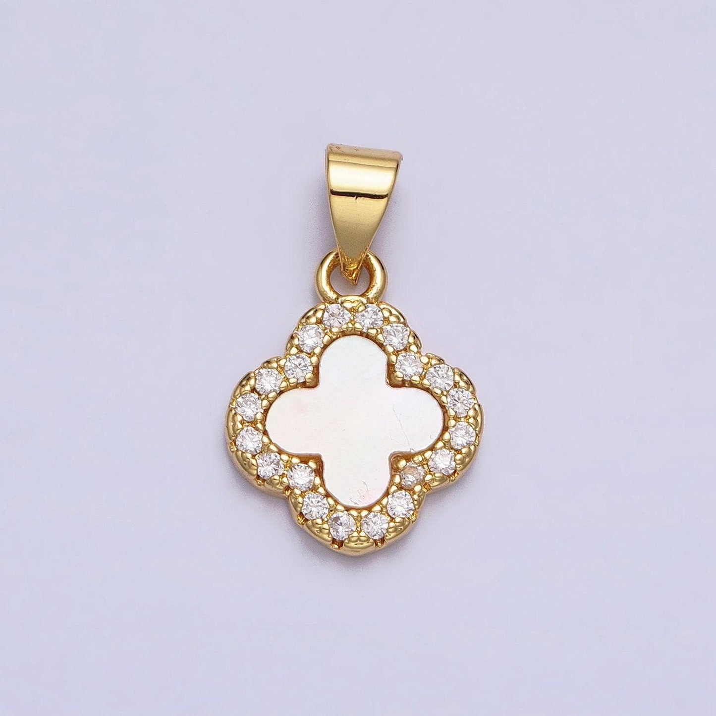 Mini 24k gold filled clover quatrefoil shell pearl micro paved cz pendant | aa206
