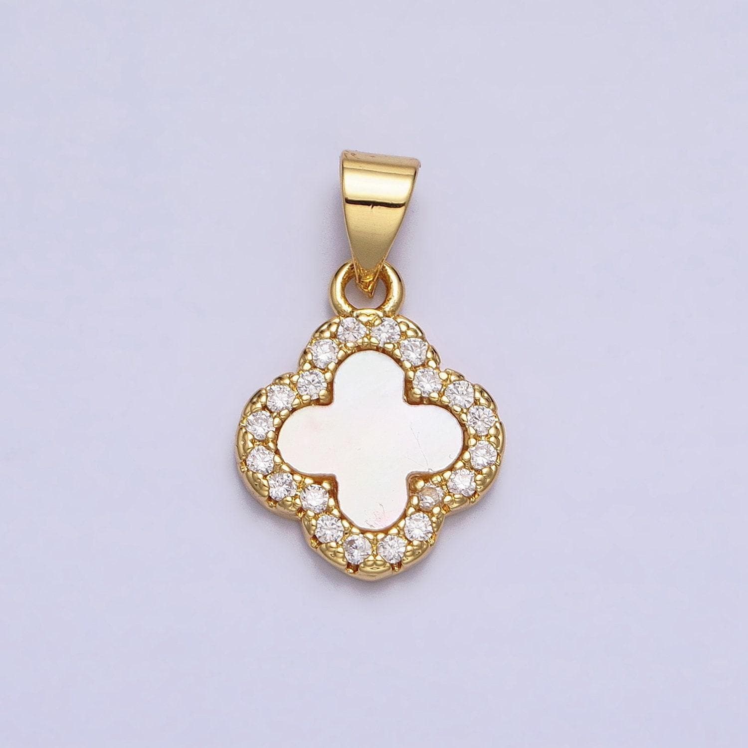 Mini 24k gold filled clover quatrefoil shell pearl micro paved cz pendant | aa206