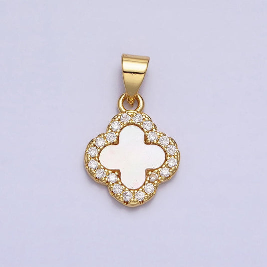 Mini 24k gold filled clover quatrefoil shell pearl micro paved cz pendant | aa206