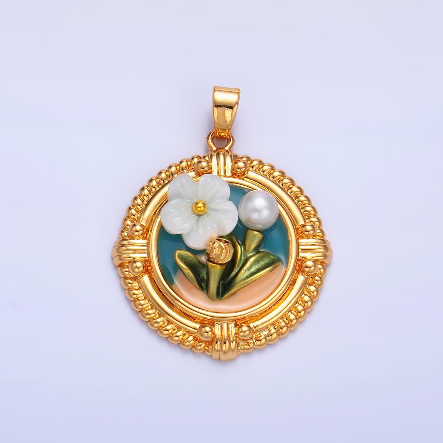 Beautiful Pearl Painting enamel pastel colors stamped flower 24k gold filled snap latch bail pendant | AA1076