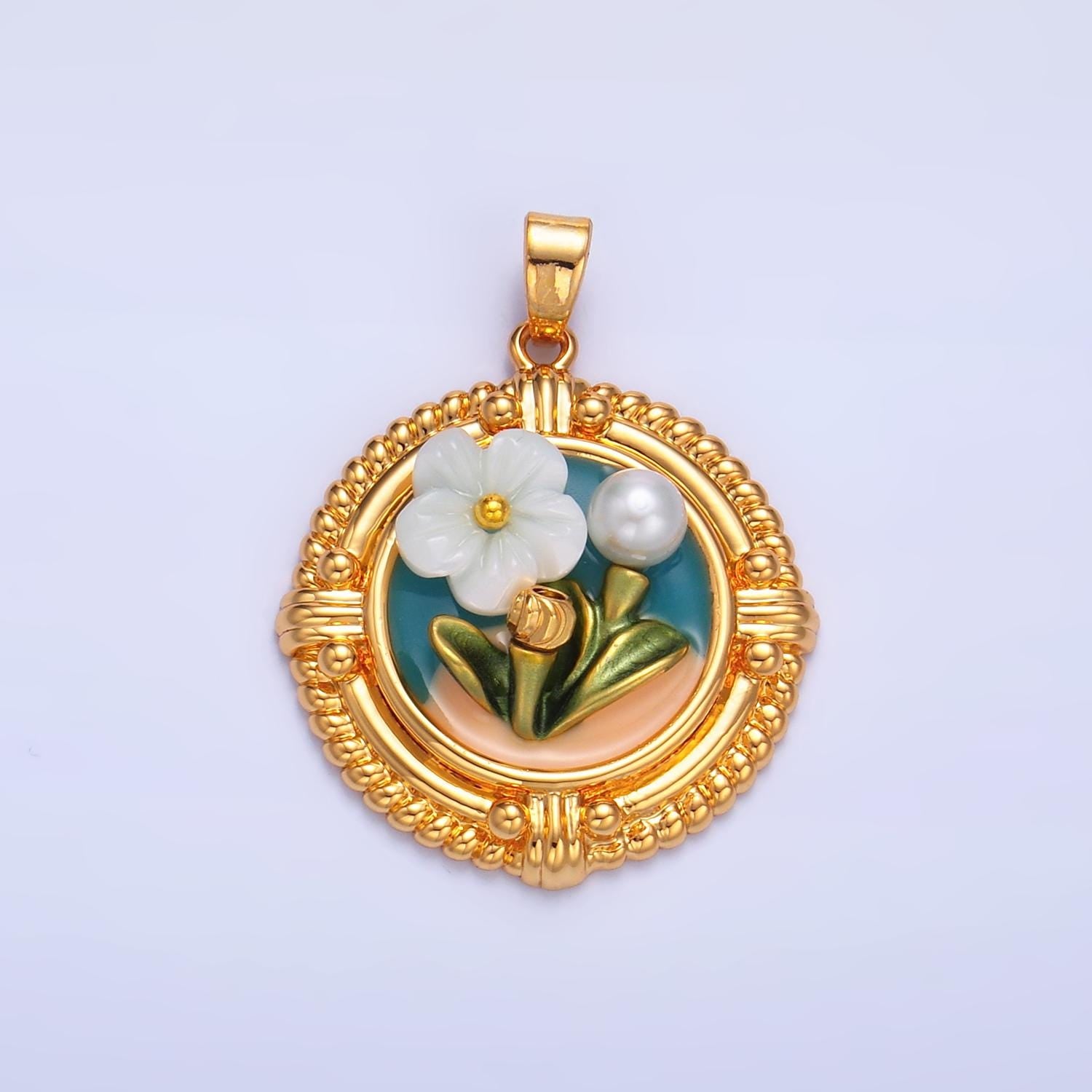 Beautiful Pearl Painting enamel pastel colors stamped flower 24k gold filled snap latch bail pendant | AA1076