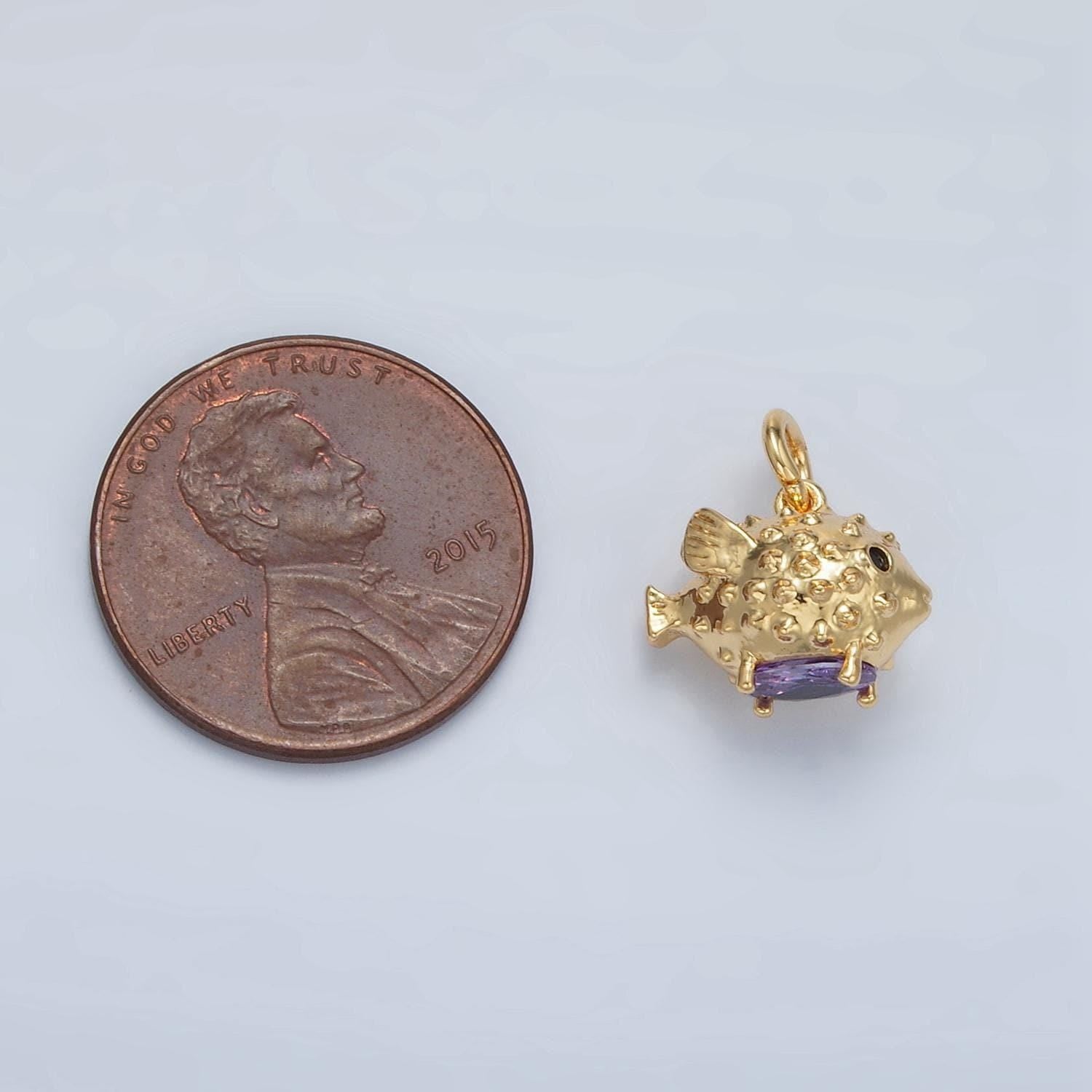 24k gold filled 10mm puffer gold fish charm with purple cz stone under the sea animal charm | d855