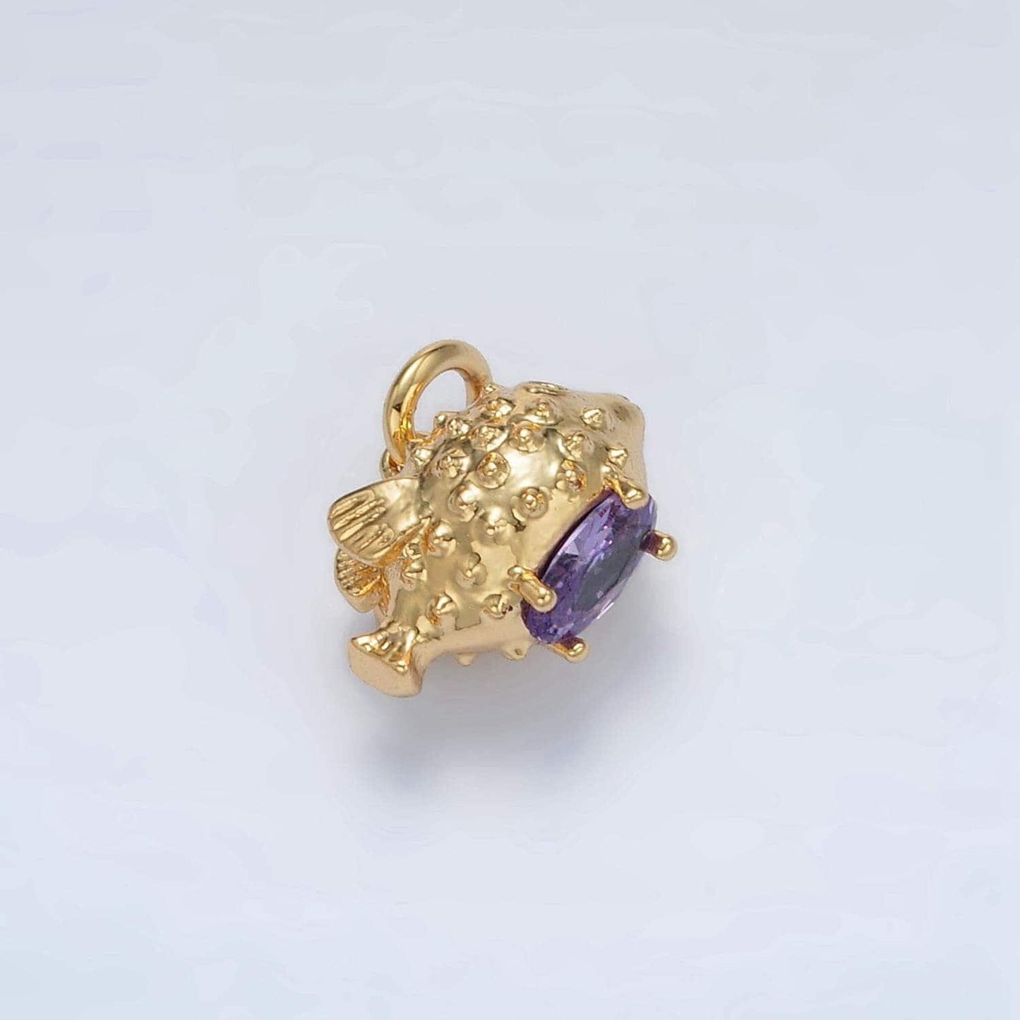 24k gold filled 10mm puffer gold fish charm with purple cz stone under the sea animal charm | d855