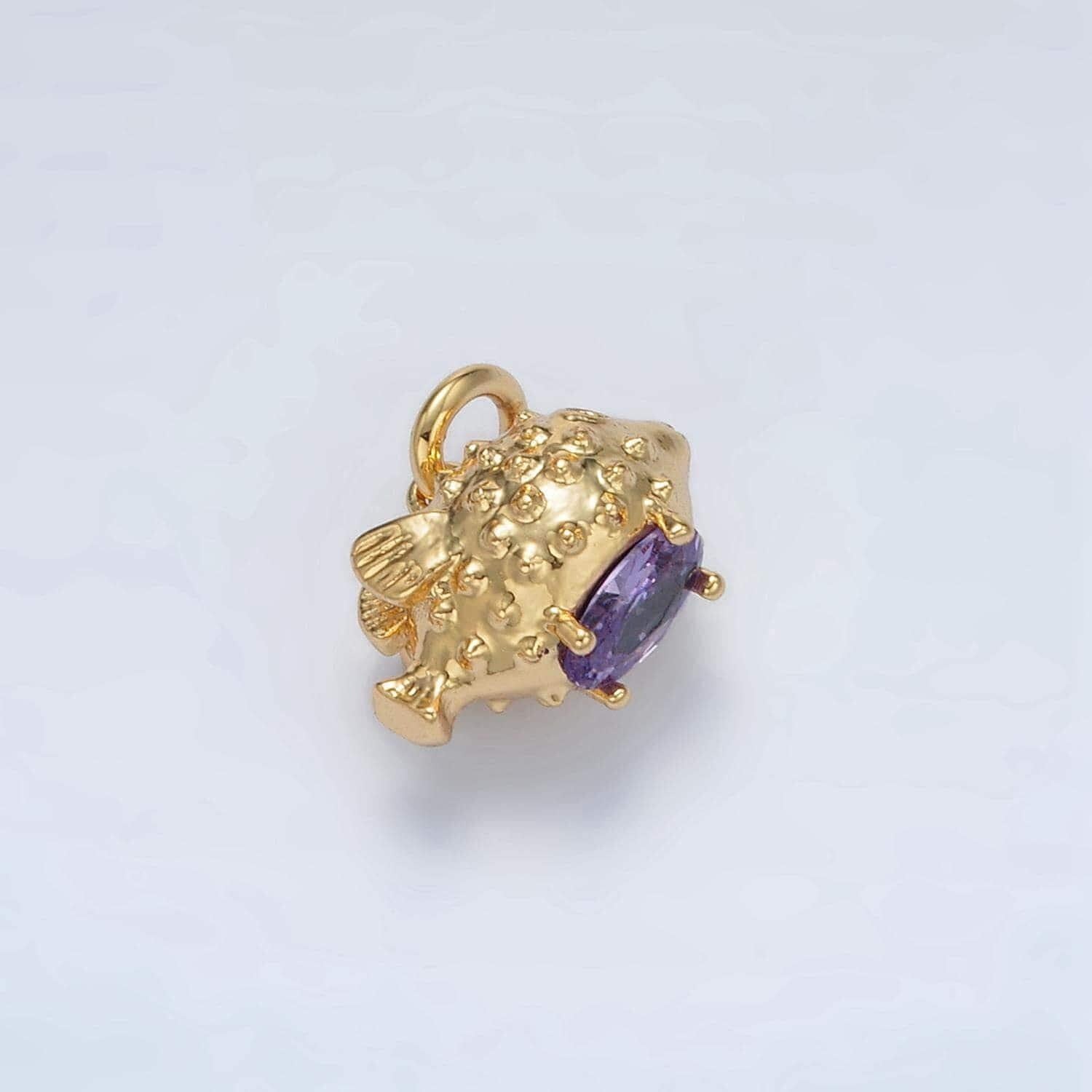 24k gold filled 10mm puffer gold fish charm with purple cz stone under the sea animal charm | d855