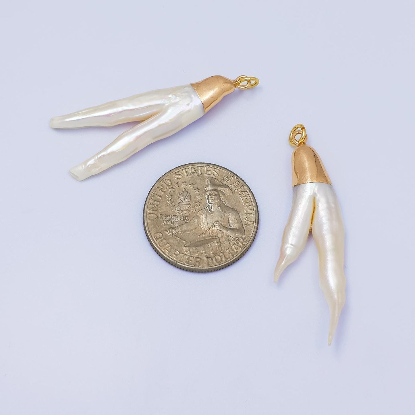 Biwa Natural Pearl Claw Pendant, Freeform Chicken Feet Pearl Charm, 2 branch freshwater pearls, gemstone beads, craft supplies P1941