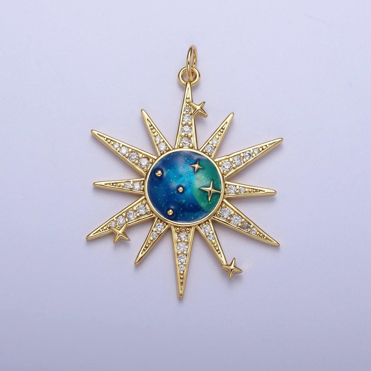 Gold galaxies celestial pendant, 24k gold plated galaxies enamel center clear micro paved cz sun burst charm | x-709