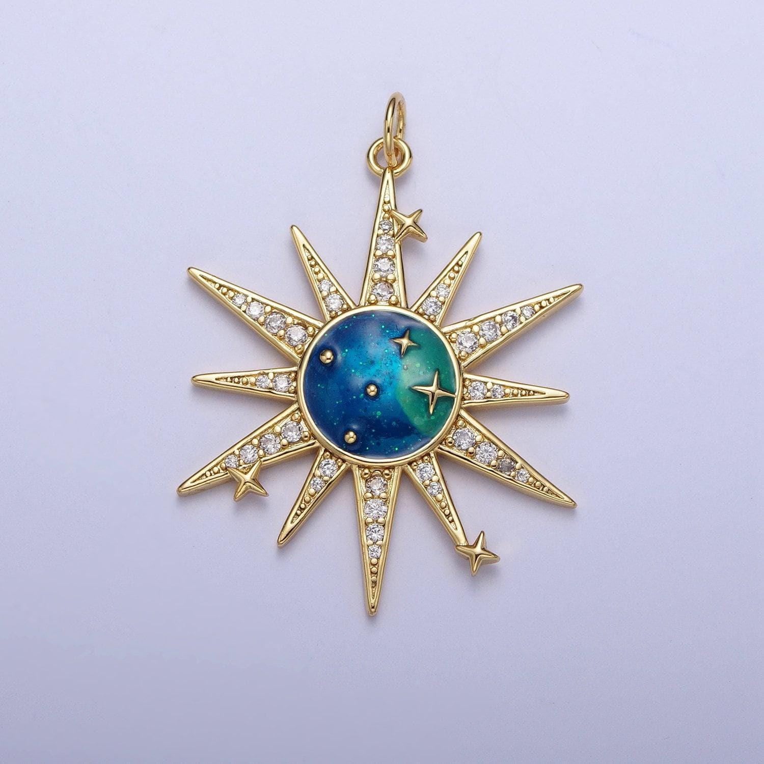 Gold galaxies celestial pendant, 24k gold plated galaxies enamel center clear micro paved cz sun burst charm | x-709