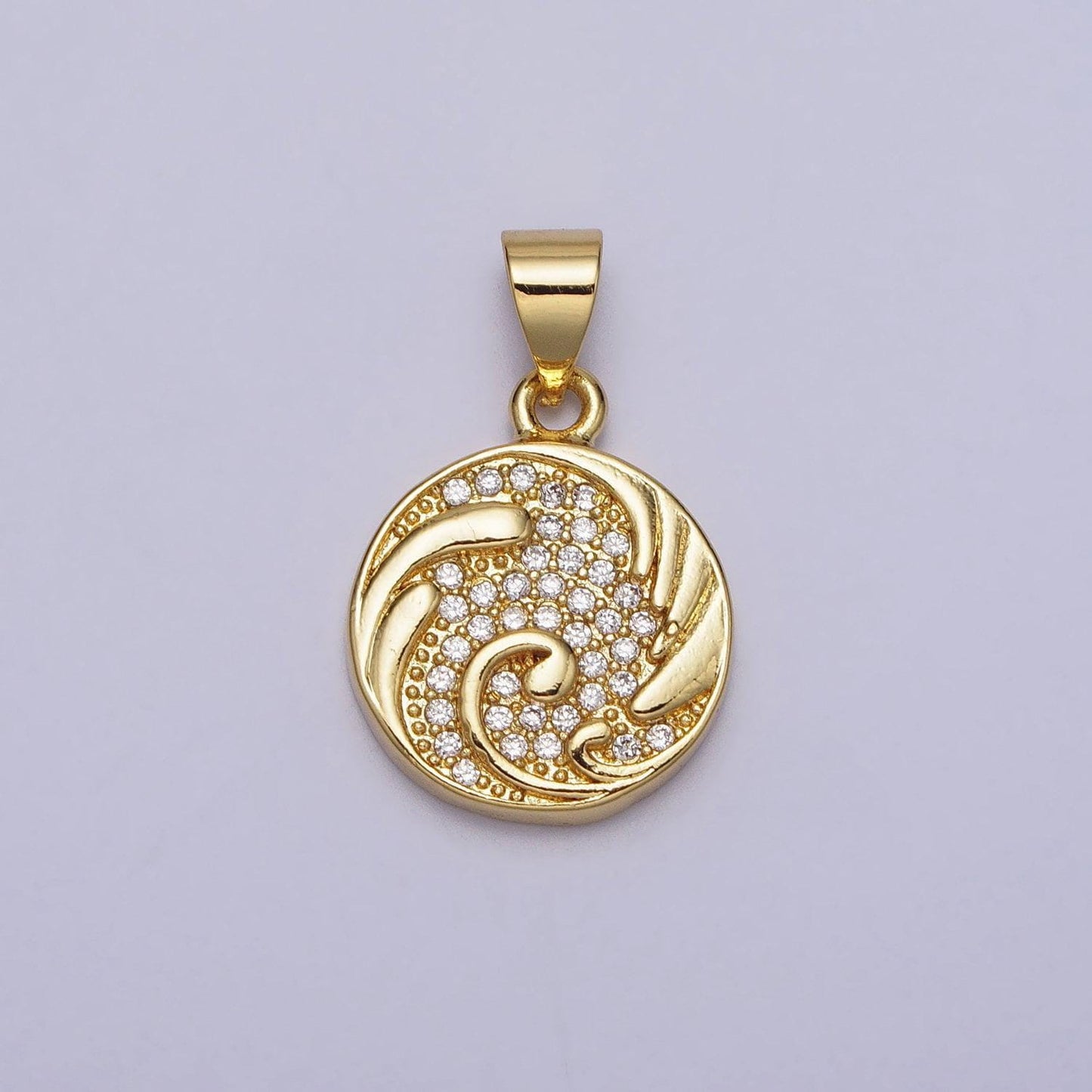 Gold micro paved cz swirl curved round pendant cubic wave ocean charm | aa086